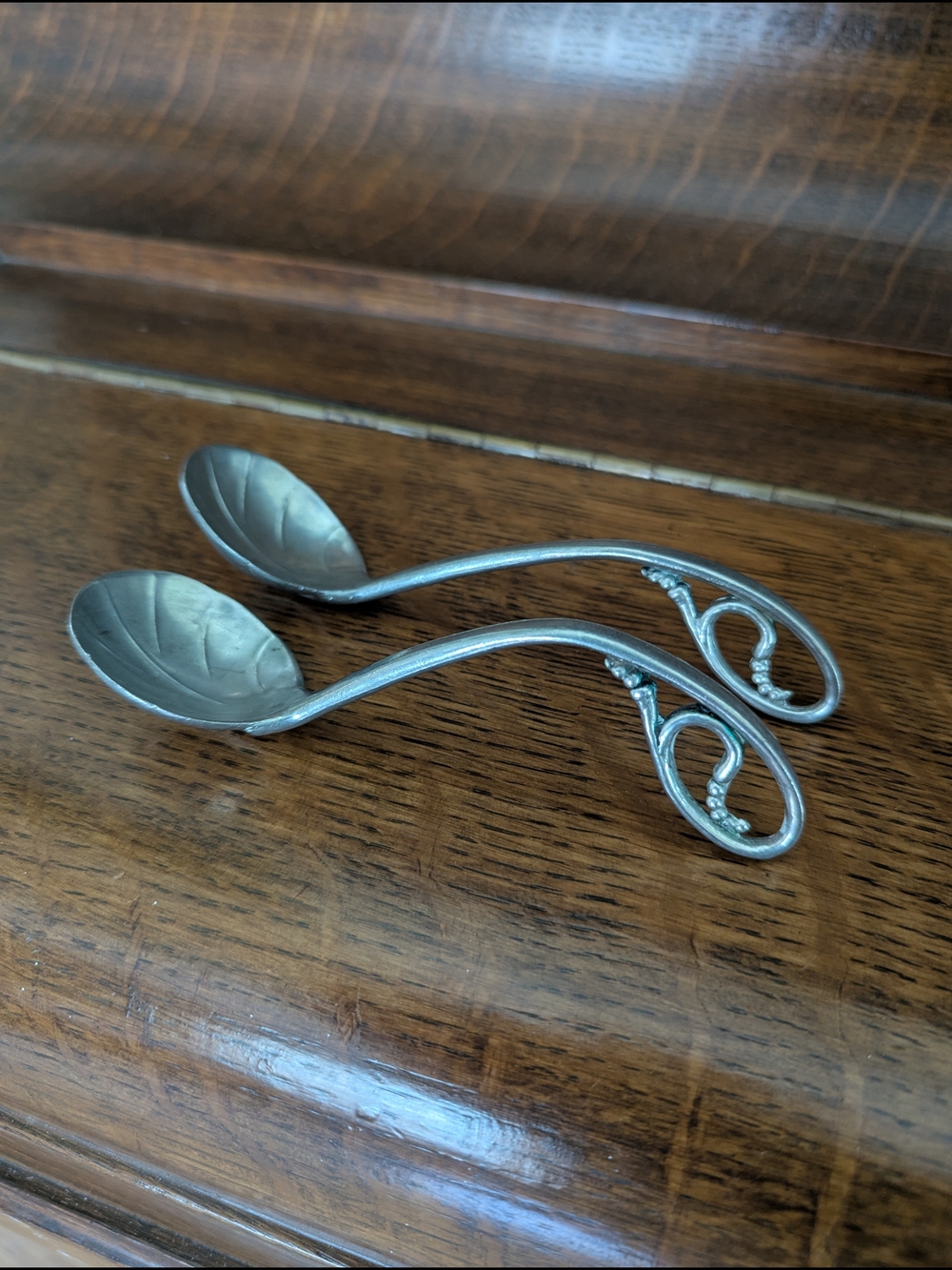 The Danish Silversmith Hand Made Pewter Leaf Marmalade Spoons - Pair Vintage
